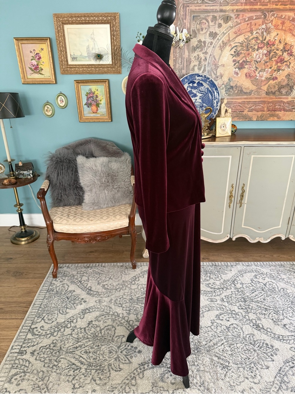Vintage Burgundy Two Piece Velvet Skirt Suit - Picture 2 of 5